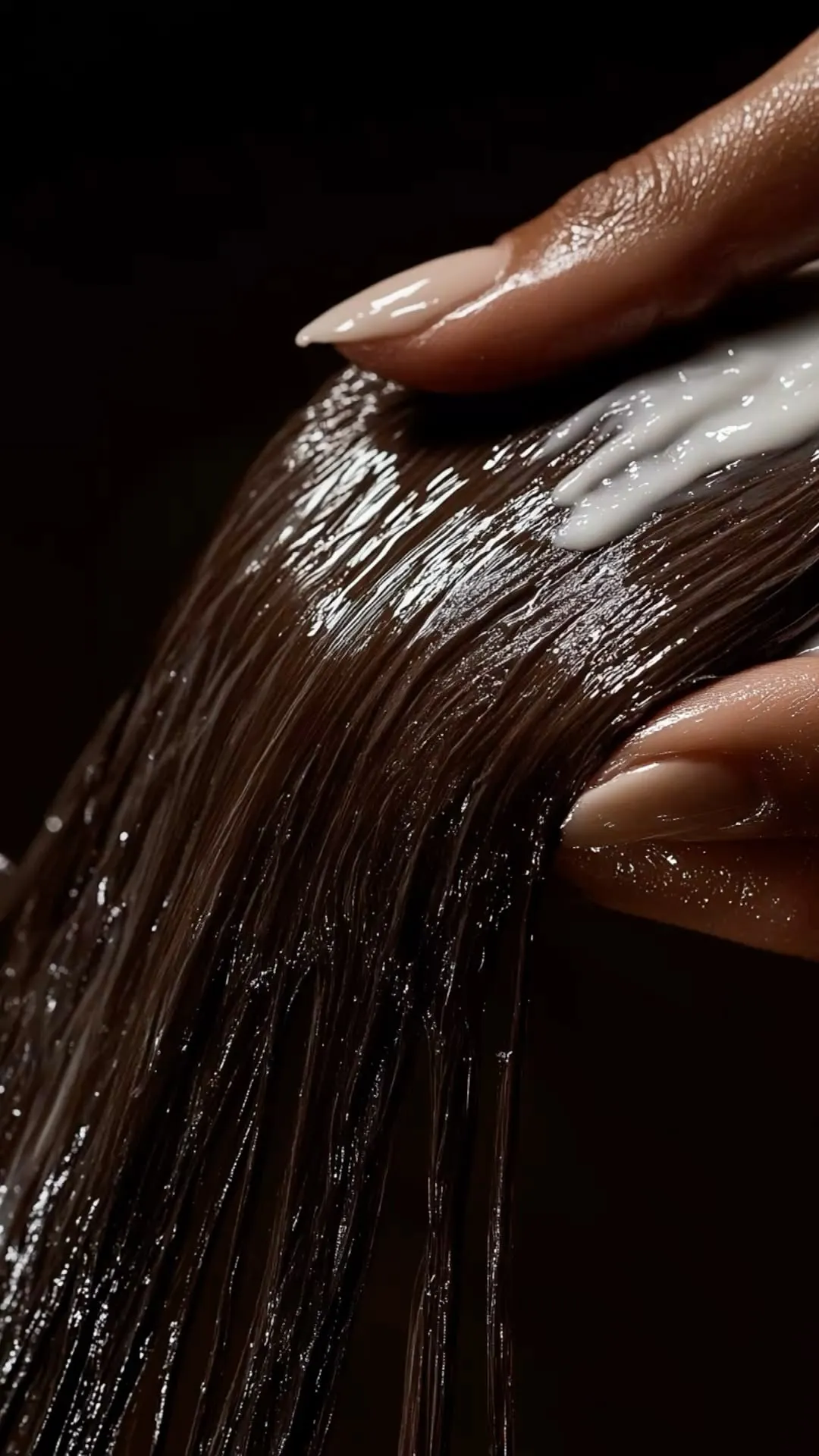 Rich brunette hair receiving a conditioning treatment