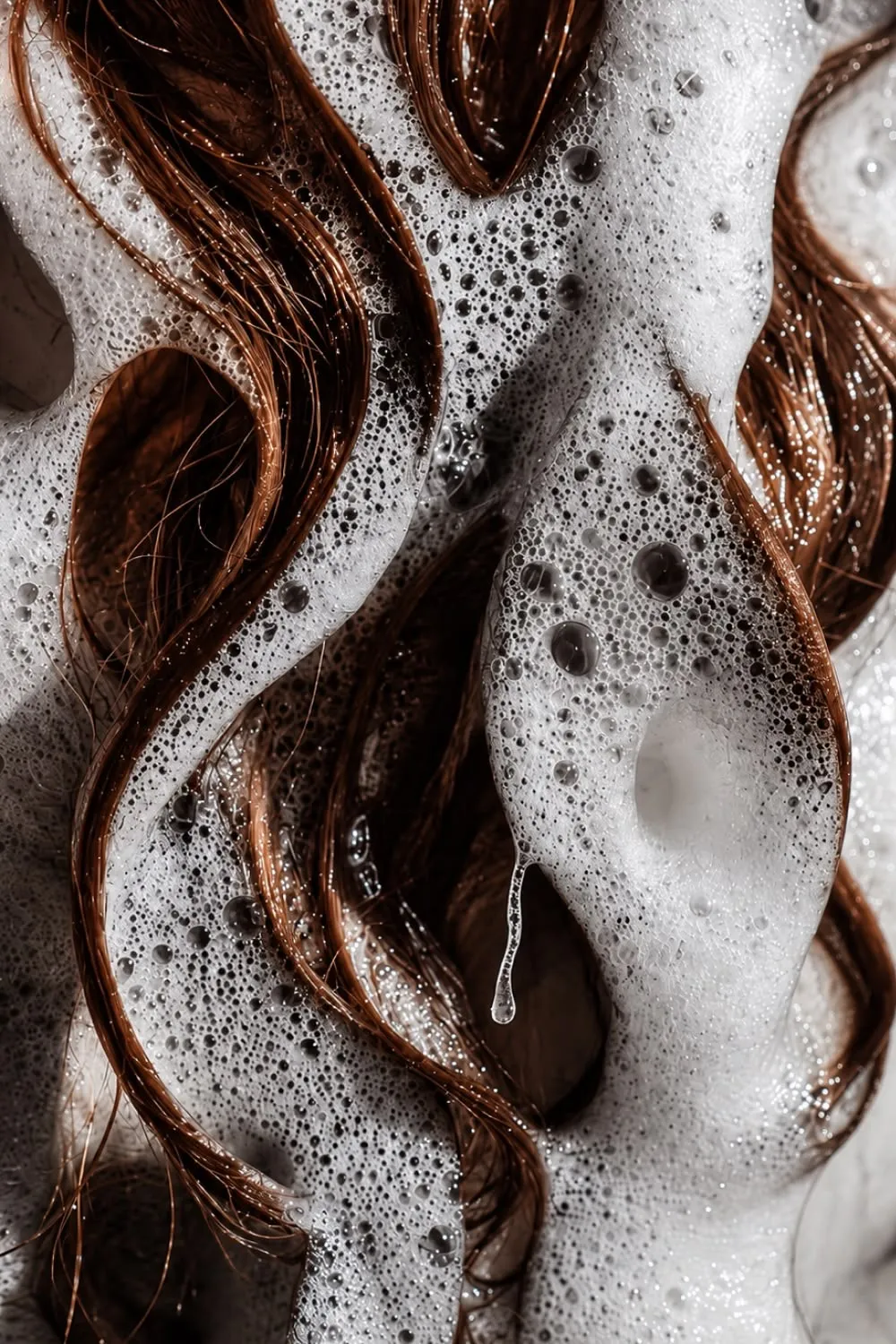 Copper hair surrounded by detailed shampoo lather